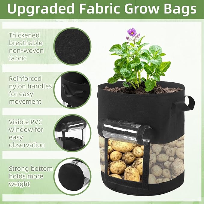 6 Pack 7 Gallon Visible Potato Grow Bags, Thickened Nonwoven Fabric Pots Potato Growing Containers with Handles & Visible Flap, Plant Grow Bags for Growing Potatoes, Tomatoes, Flowers, and Vegetables