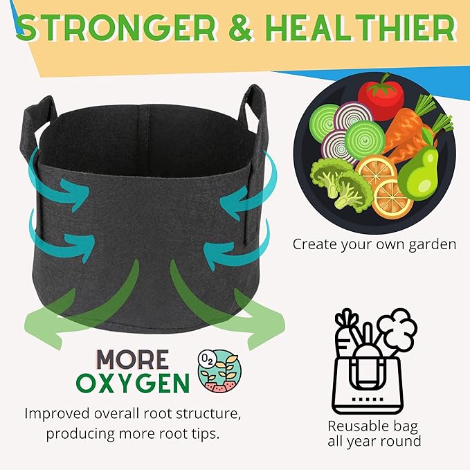 247Garden 5-Pack 40-Gallon Aeration Fabric Pot/Plant Grow Bag w/Handles (260 GSM, Black, 17H x 26.5D)
