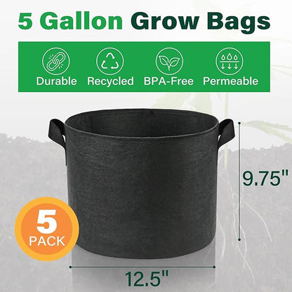 LotFancy 5 Pack 5 Gallon Grow Bags, Thickened Nonwoven Fabric Pots with Reinforced Handles, Heavy Duty 300G Aeration Planter Bags for Vegetables Flowers Fruits, Black