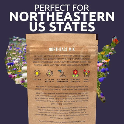 Sweet Yards - Northeast Wildflower Seed Regional Mixes - Bulk 1/4 Pound Bag - Over 30,000 Native Seeds - Open Pollinated and Non GMO Varieties for New York, Virginia, Pennsylvania, Maine and More!