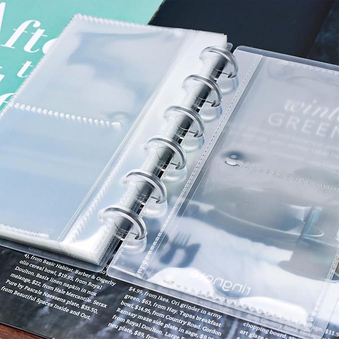 Discbound Photo Album with Frosted PP Cover 20 Sheets Clear PP Sleeves 6 Discs Bound Organizer Left Side Open Pockets for Cash Money Stickers Photos Cards (6 Rings 2 Pockets)
