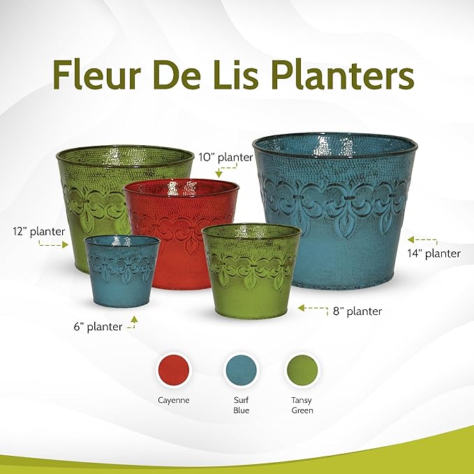 Robert Allen MPT01889 Fluer De Lis Series Metal Planter Flower Pot, 6", Color Cayenne Red