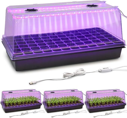 1020 Trays with Grow Light and 6.3" Humidity Dome - 4 Pack Heavy Duty Seed Trays with 72 Cell Plug Trays, Germination Kit with Timer and Dimmable LED - Reusable Plant Propagation Box for Gardening