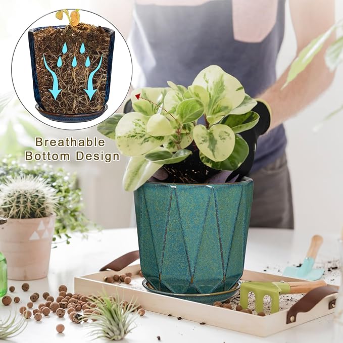 Oairse Ceramic Pots for Plants, 8+6 inch Plant Pots with Drainages Holes & Saucers Large Greyish Turquoise Ceramic Planters Decorative Flower Pot for Indoor Plants Outdoor Inoor