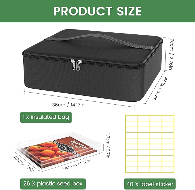 38 Slots Seed Storage Organizer Box with Insulated Bag That Holds 80-200 Seed Envelopes, Oxford Cloth Garden Seed Containers with Labels, Seed Packet Organizer for Plant, Flower ,Vegetable Seeds