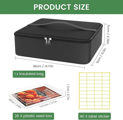 38 Slots Seed Storage Organizer Box with Insulated Bag That Holds 80-200 Seed Envelopes, Oxford Cloth Garden Seed Containers with Labels, Seed Packet Organizer for Plant, Flower ,Vegetable Seeds