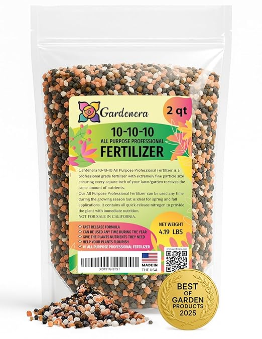 Professional 10-10-10 All-Purpose Soil Fertilizer by Gardenera - Ideal for Flowers, Plants, Vegetables, Fruit Trees and Lawns - 2 Quarts