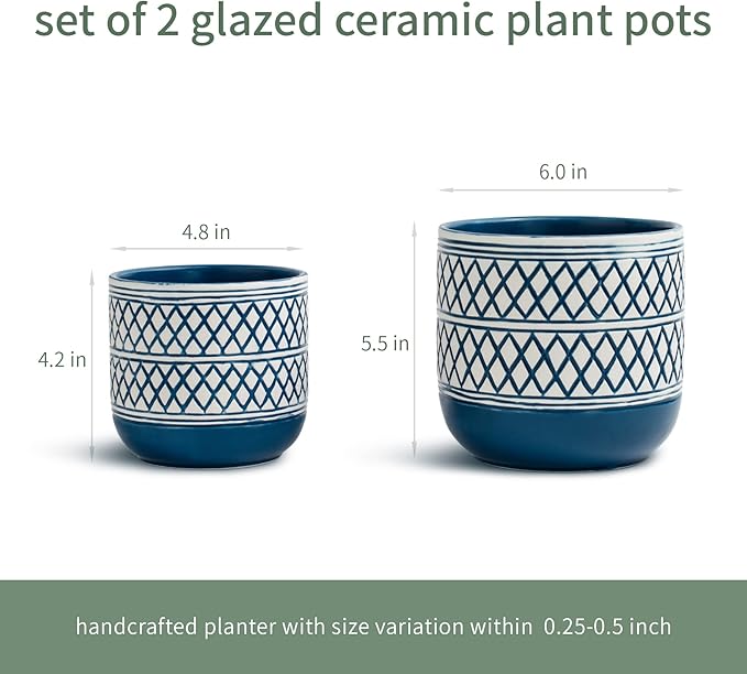 Decorative Ceramic Flower Pots Set of 2 – 6 & 4.7 Inch Indoor Plant Pots, Boho Decorative Pots for Plants, Orchid & Succulent Planters with Drainage