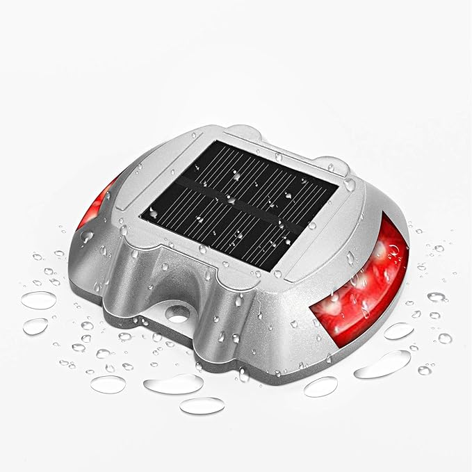 JIGUOOR Solar Deck Lights LED Driveway Lights Solar Powered Dock Light Outdoor IP68 Waterproof Road Markers for Step Sidewalk Stair Boat Garden Ground Pathway Yard (Red, 1 Pack)
