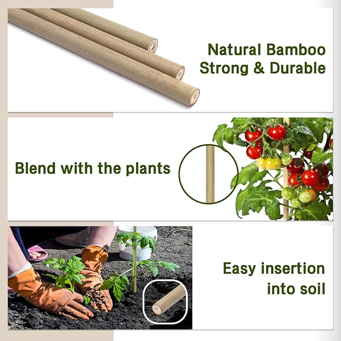 Plant Stakes,16 Inches Natural Garden Bamboo Sticks,BOVITRO 20Pcs Plant Support Stakes for Tomatoes,Beans,Vegetable and Potted Plants