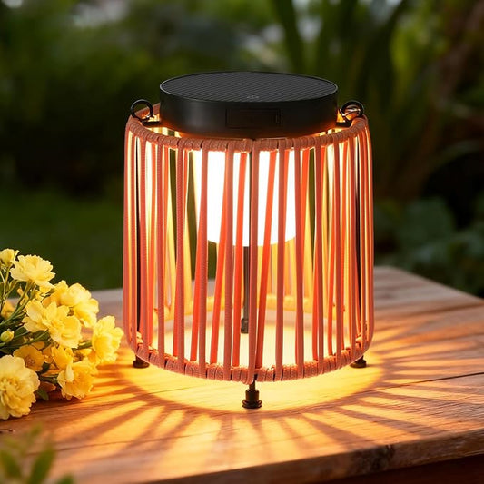 Solar Lanterns Outdoor Waterproof IP54, Handwoven Wicker Outdoor Table Lamps Portable Rechargeable with 30H+ Runtime, Dual USB-C/Solar Charging, 3 Brightness Levels, Orange