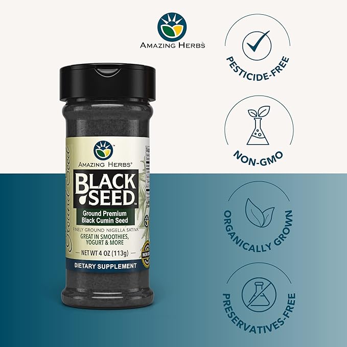Amazing Herbs Premium Ground Black Cumin Seeds - Finely Ground Nigella Sativa, Gluten Free, Non GMO, Supports Cardiovascular Function & Preserves Digestive Health - 4 Oz
