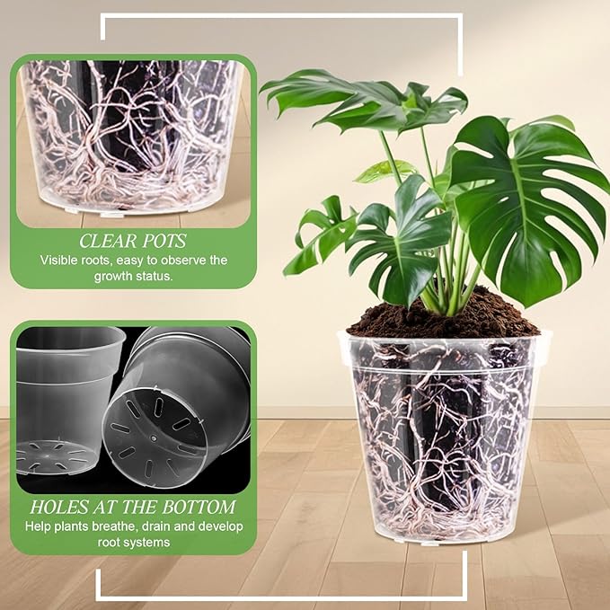 Vesici 6 Pcs 4/5/6/7/8/9 Inch Large Size Clear Nursery Pots Variety Pack Plant Pots with Drainage Holes Planters for Indoor Plants Flexible Transparent Plastic Plant Bottle Succulents