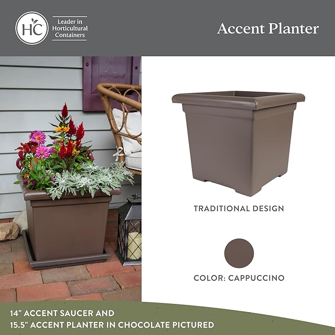 The HC Companies 15.5 Inch Accent Square Plant Pots with Drainage, Lightweight UV-Resistant Plastic Planters for Indoor & Outdoor Plants, 2-Pack Flower Pots for Garden, Office & Home Decor, Cappuccino