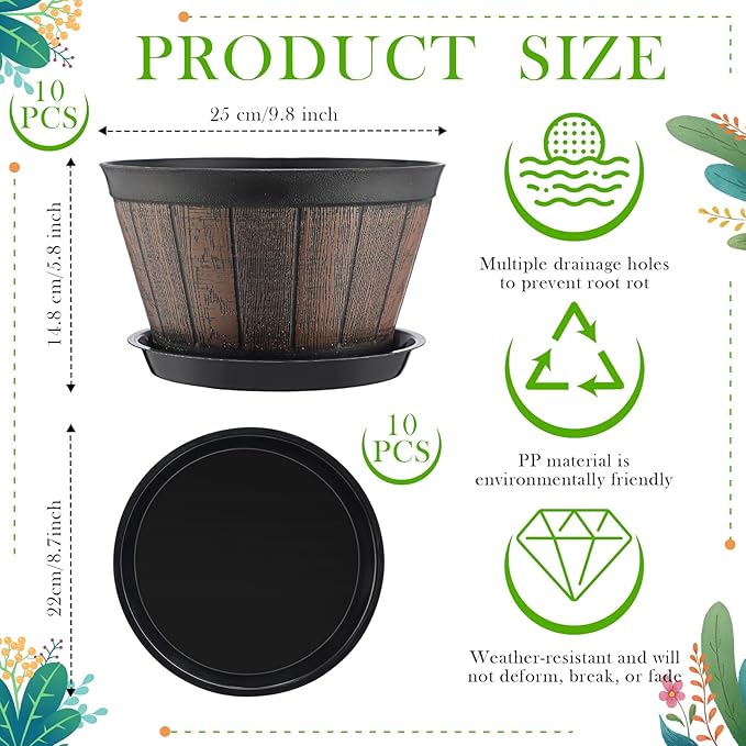 Layhit 10 Pack 9.8 Inch Whiskey Barrel Planter Flower Pot Plant Pots with Drainage Holes and Saucers Garden Planter Imitation Wine Design Plastic Barrel for Indoor Outdoor Plants Garden (Coffee Brown)