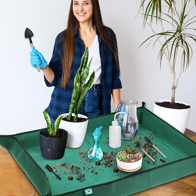 Oxford Fabric Plant Repotting Mat 43.3" x 29.5", Waterproof Gardening Transplanting Potting Mat for Indoor, with 7Pcs Succulent Plant Tools Kit with Tarp Cushion for Plant