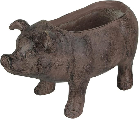 Zeckos Rustic Brown Smiling Pig Resin Decorative Planter - 17 Inches Long - Great for Flowers and Succulents - Perfect for Both Indoor and Outdoor Decor Settings