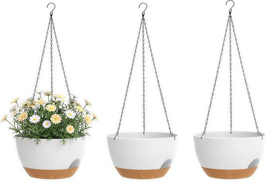Hanging Planters 3-Pack, 8 Inch Self-Watering Hanging Pots with Drainage Hole and Chains, Plastic Planters for Indoor Outdoor（White Brown）
