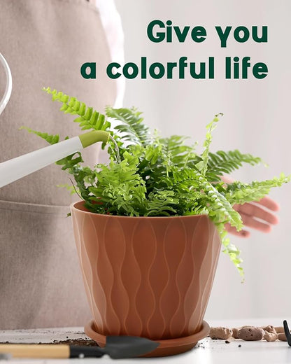 4 Inch Plastic Planter Pots with Drainage Holes & Saucers, Indoor/Outdoor Flower Pots for Plants, Succulents, Herbs, 5 Pack Set
