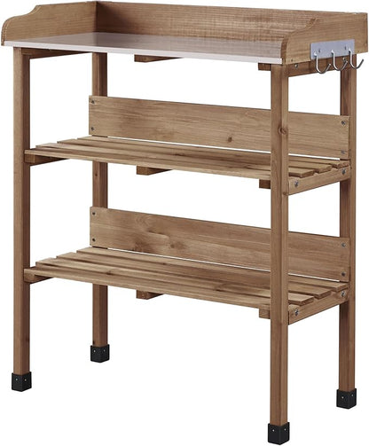 Topeakmart Potting Bench Table w/Metal Tabletop for Garden, Fir Wood Workstation w/3 Tier Shelves, Outdoor Work Bench w/Hook Brown