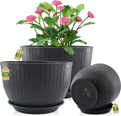 12/10/9 inch Plant Pots, 3 Pack Flower Pots for Outdoor Indoor Garden Plants, Large Planters with Multi Mesh Drainage Holes and Saucer (Black, 12"+10"+9")