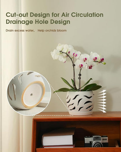 Ceramic Orchid Pot with Holes & Saucers, 5.5 inch Plant pots for Indoor and Outdoor use, Wind-Worn Texture Cutout Promoting air Circulation and Drainage(Pots Only)