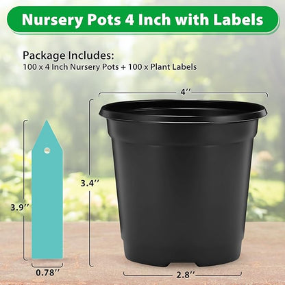 Sfee 100 Pack Plant Nursery Pots 4 inch Plastic Plant Pots, Durable Reusable Seed Starting Pots for Succulents Plants Vegetables Fruits Seedlings Cuttings Transplanting with 100 Plant Labels (Black)