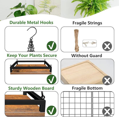 Plant Hanger Indoor, 2 Pack 16" Wooden Hanging Plant Holder with Metal Frame Large Hanging Planter for Indoor Plants Load 50LB Hanging Plant Shelf with 27.6" Long Chain, Ideal for Heavier Pots
