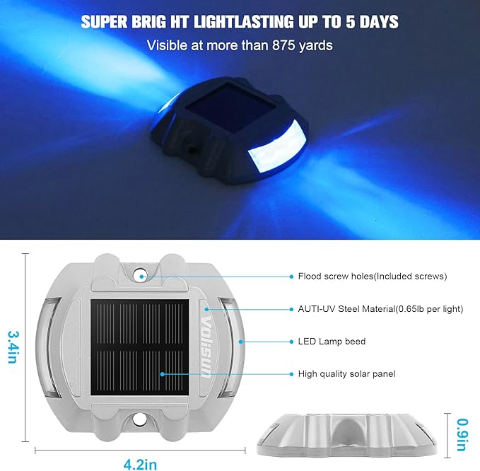 VOLISUN Solar Deck Lights Driveway Dock Lights, 12-Pack Led IP68 Waterproof Outdoor Warning Step Lights for Driveway Sidewalk Garden Pathway Yard (Blue, Auto On/Off