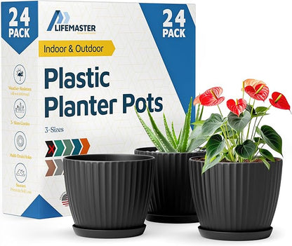 Black 6-Inch Plant Pots with Drainage & Saucers 24 Pack, Indoor & Outdoor Planters for Houseplants, Herbs, and Flowers, Durable & Weatherproof Material, Stackable, Lightweight, Minimalist Design