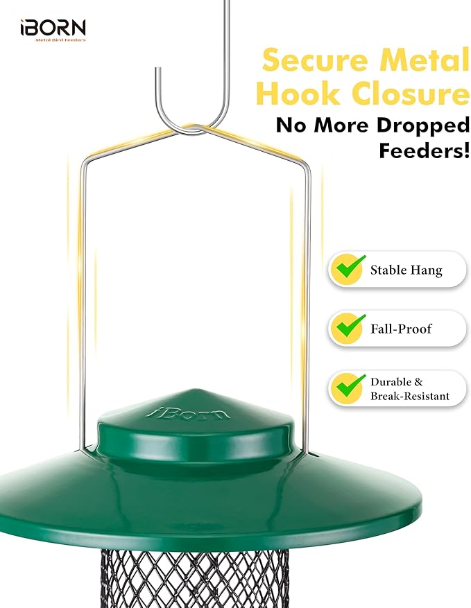 iBorn Peanut Bird Feeder,Sunflower Seed Feeder,13.5 Inch Metal Mesh Tube Bird Feeders for Outdoors Hanging,Squirrel Proof Birdfeeders for Peanut with 17cm Weatherproof Roof & Tray,2 LB Capacity,Green