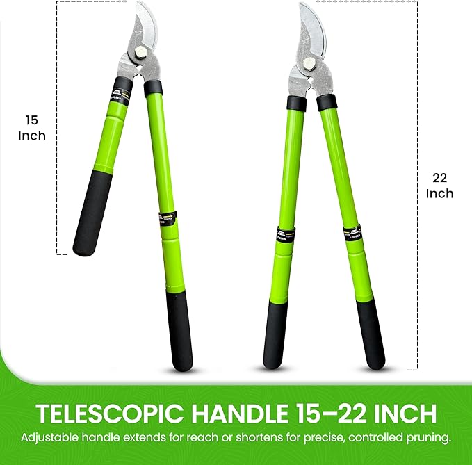 Garden Guru Bypass Loppers Tree Trimmer Clipper w/Telescopic Handle 15–22" - High Carbon Steel Blade Gardening Loppers Pruning Shear - Comfort Grip Handles – Branch Cutter (4 Pack)