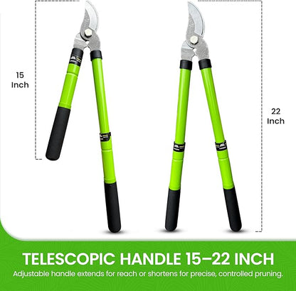 Garden Guru Bypass Loppers Tree Trimmer Clipper w/Telescopic Handle 15–22" - High Carbon Steel Blade Gardening Loppers Pruning Shear - Comfort Grip Handles – Branch Cutter (2 Pack)