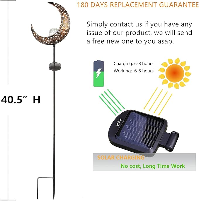 Starryfill Moon-Shaped Garden Solar Lights, Outdoor Bronze Metal Waterproof Stake with Crackle Glass Globe Warm White LED for Pathway Lawn Patio or Courtyard