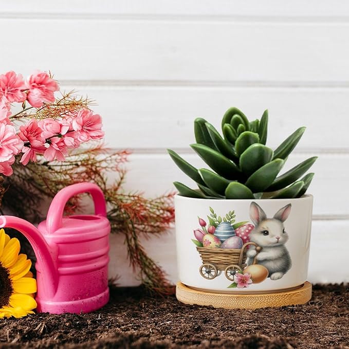 DreamAutumn Easter Bunny with Eggs Planter Ceramic Round Plant Pots with Drainage Holes and Bamboo Tray Planting Small Flower Pots for Home Windowsill Desk Garden Indoor Outdoor Use