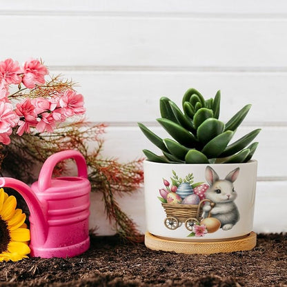 DreamAutumn Easter Bunny with Eggs Planter Ceramic Round Plant Pots with Drainage Holes and Bamboo Tray Planting Small Flower Pots for Home Windowsill Desk Garden Indoor Outdoor Use