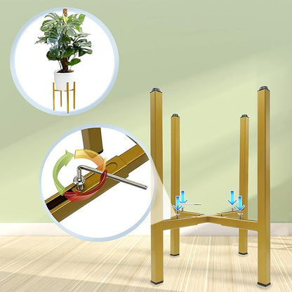 Adjustable Metal Plant Stand, Indoor Outdoor, Width 8" to 14", Fits Small to Large Pots, Modern Golden Iron Plant Holder