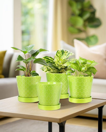 BUYMAX Plant Pots Indoor –5 inch Ceramic Flower Pot with Drainage Hole and Ceramic Tray - Gardening Home Desktop Office Windowsill Decoration Gift, Set of 4-Plants NOT Included (Green)