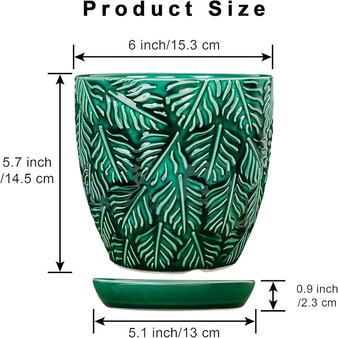 Ceramic Plant Pots, 6 Inch Indoor Plant pots with Drainage Hole and Saucer, Flower Pots, Leaf Embossed - Green Glaze, Set of 2