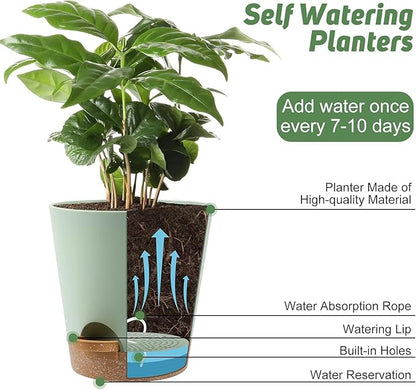 Indoor Self Watering Planters with Drainage Holes and Saucers, 8, 7, 6.5, 6, 5.5, 5 Inches, 6 Pots（Green+Brown