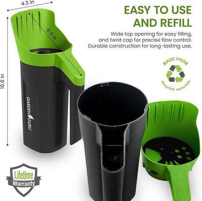 Garden Guru Handheld Seed Spreader Shaker – Multi Use Grass Seed, Fertilizer, Ice & Snow Melt Spreader – Adjustable Twist Cap w Multiple Size Openings – Lightweight 1L Capacity Hand Seeder (2 Pack)