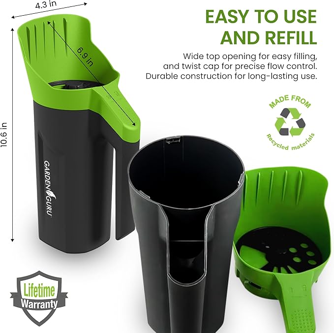 Garden Guru Handheld Seed Spreader Shaker – Multi Use Grass Seed, Fertilizer, Ice & Snow Melt Spreader – Adjustable Twist Cap w Multiple Size Openings – Lightweight 1L Capacity Hand Seeder (4 Pack)