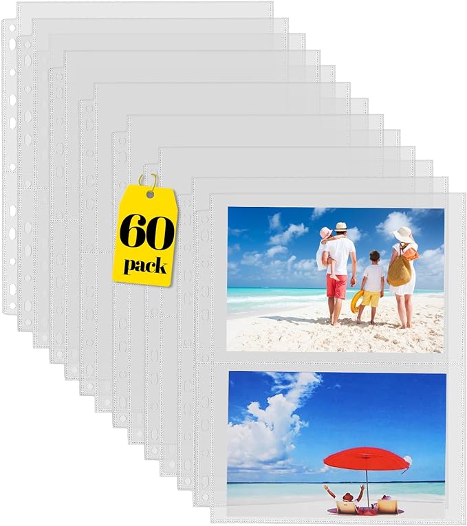 Sooez 60 Pack Heavy Duty Photos or Postcards Page Protectors, Plastic Clear Photo Holder Sleeves for 3 Ring Binder, Two 5'' x 7'' Pockets Per Page, Load from Top Perfect for Checking & Organizing