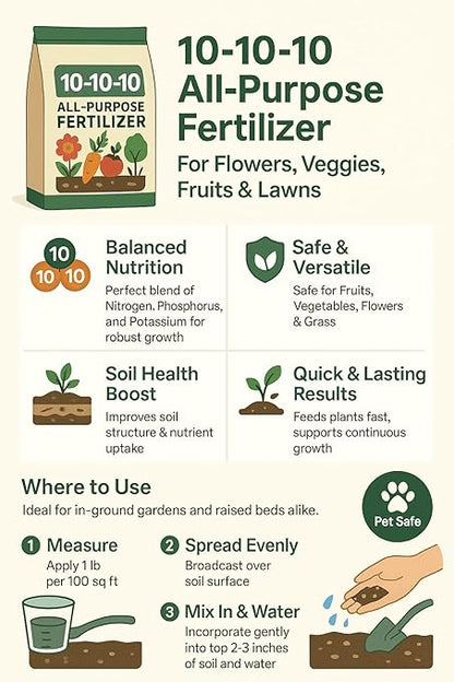 10-10-10 General All Purpose Fertilizer for Flowers and Vegetable Beds - Raised Garden Beds - Safe for Fruits, Lawns, Grass - Promotes Soil Heath and Growth (10 Pounds)