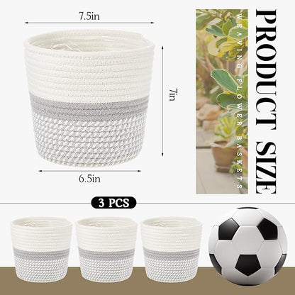 3 Pcs Cotton Rope Plant Basket with Plastic Liner Rustic Plant Basket Planters Modern Woven Decorative Pots for Home Flower Indoor Storage Decor, 7.5 x 6.5 Inches(White, Gray)