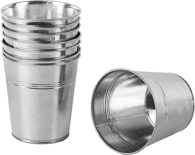 KINJOEK 8 Packs 4.72 x 4.72 x 3.54 Inch Galvanized Bucket Metal Planter, Silver Round Flower Pot Plant Basket for Balconies, Gardens, Patios, Office, Parties and Weddings