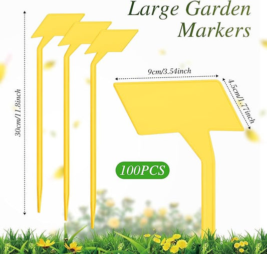 202 Pcs Large Plant Labels Kit, Include 100 Outdoor Plastic Plant T Type Tags Waterproof Reusable Plant Markers Stakes, 100 PET Films and 2 Marker Pens for Garden Herbs Flowers Pot (Yellow, 11.8 Inch)