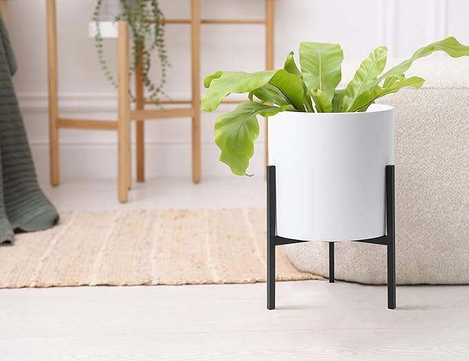 D'vine Dev Mid Century Fiberglass Resin Planter Pot with Iron Stand, 8 inch, Matte White, 96-A-1-S
