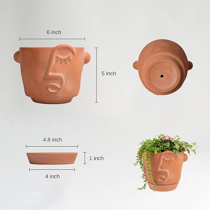 6 Inch Terracotta Abstract Face Planter with Drainage & Saucer – Artistic Ceramic Flower Pot for Indoor Plants, Boho Home Decor, Unique Gift for Plant & Art Lovers