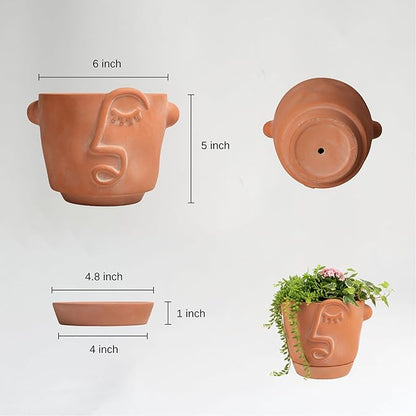 6 Inch Terracotta Abstract Face Planter with Drainage & Saucer – Artistic Ceramic Flower Pot for Indoor Plants, Boho Home Decor, Unique Gift for Plant & Art Lovers
